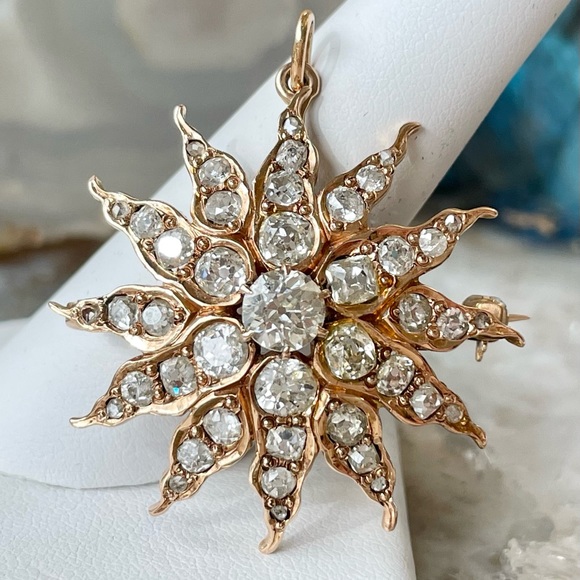 Jewelry - 18k Gold Victorian Starburst Pendant Pin 4.55 carats of Old Mine Cut Diamonds